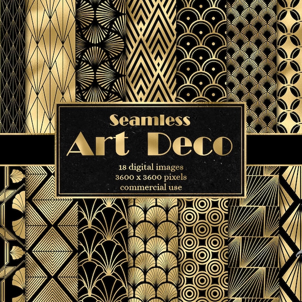 Art Deco Digital Paper, seamless retro art deco patterns in black and gold instant download for commercial use