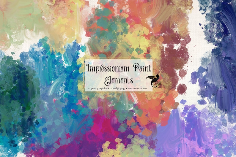 May include: A digital art graphic featuring impressionistic paint elements. The artwork showcases a vibrant mix of colors, including blues, greens, yellows, oranges, and purples, with visible brushstrokes. Text on the image reads "Impressionism Paint Elements".