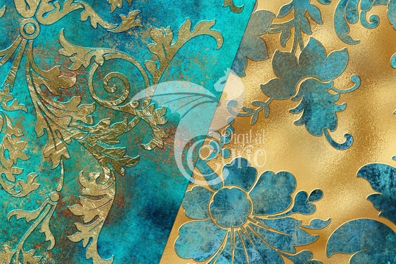 Turquoise And Gold Damask Wallpaper