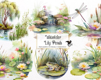 Watercolor Lily Pond Clipart - springtime cute lily pad and frog pond PNG format instant download for commercial use
