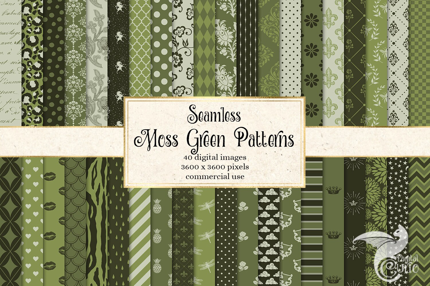 Moss Green Digital Paper, 40 patterns in seamless format for scrapbooking and baby showers instant download commercial use