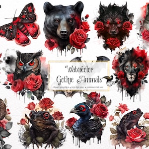 Watercolor Gothic Animals Clipart - dark fantasy watercolor woodland PNG format instant download for commercial use