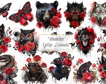 Clipart di animali gotici ad acquerello - Dark Fantasy PNG (uso commerciale)