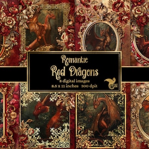 Romantic Red Dragons Journal Paper, notebook digital paper rococo fantasy junk journal pages printable 8.5x11 paper instant download