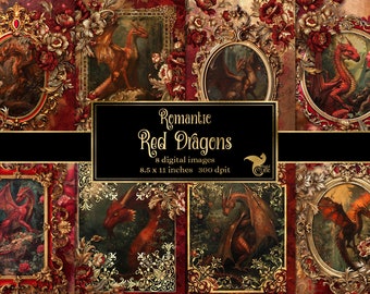 Red Dragon Rococo Journal Paper, Fantasy Printable (Digital Download)