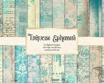 Papel digital de efímera turquesa, texturas de álbum de recortes verde azulado (descarga digital)