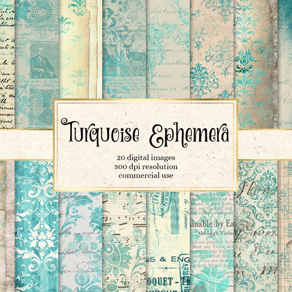 Turquoise Ephemera digital paper, instant download teal vintage scrapbook paper, old paper textures, aqua decoupage printable backgrounds