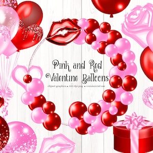 Pink and Red Valentine Balloon Clipart, balloon png digital overlays with gift box and arches instant download commercial use