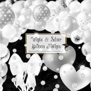 Witte en zilveren ballonboog clipart, ballon png digitale overlays met linten en confetti instant download commercieel gebruik