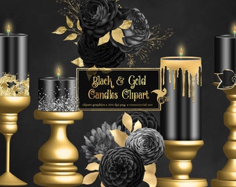 Black and Gold Candles Clip Art - digital candle graphics instant download for commercial use