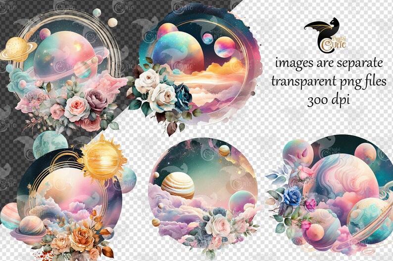 Akvarell blommig planet Clipart – Celestial Solar System PNG (digital nedladdning) bild 4