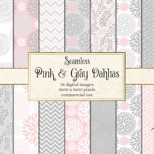 Pink and Gray Dahlia Digital Paper, pink dahlias seamless patterns instant download commercial use grey and pink floral patterns