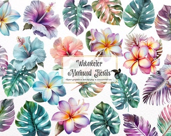 Watercolor Mermaid Floral Clipart, tropical leaf and flowers PNG clip art graphics instant download for commercial use