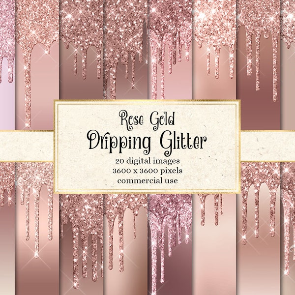 Rose Gold Dripping Glitter Digital Paper, glitter backgrounds with frosting drips printable scrapbook paper for commercial use