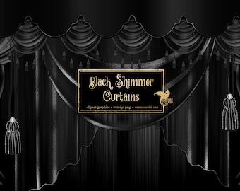 Black Shimmer Curtains Clipart, digital curtain backdrop clip art graphics, stage curtains, theater drapes, curtain png overlays