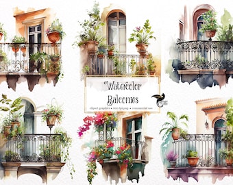 Watercolor Balconies Clipart - floral balcony watercolor PNG format instant download for commercial use