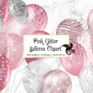 Rosa Glitzer Luftballons Clipart, silberne Glitzer-Party-Clipart im PNG-Format sofortiger Download für kommerzielle Nutzung