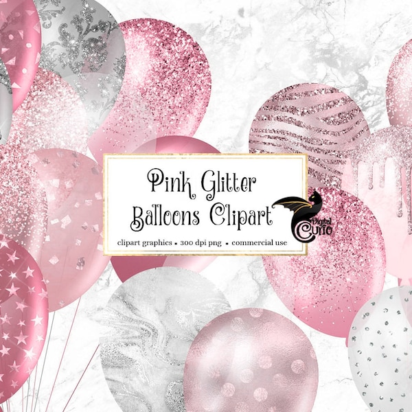 Pink Glitter Balloons Clipart, silver glitter party clipart in PNG format instant download for commercial use