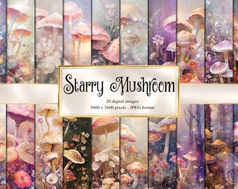 Starry Mushroom Digital Paper, Celestial Floral Scrapbook Pages (Digital Download)