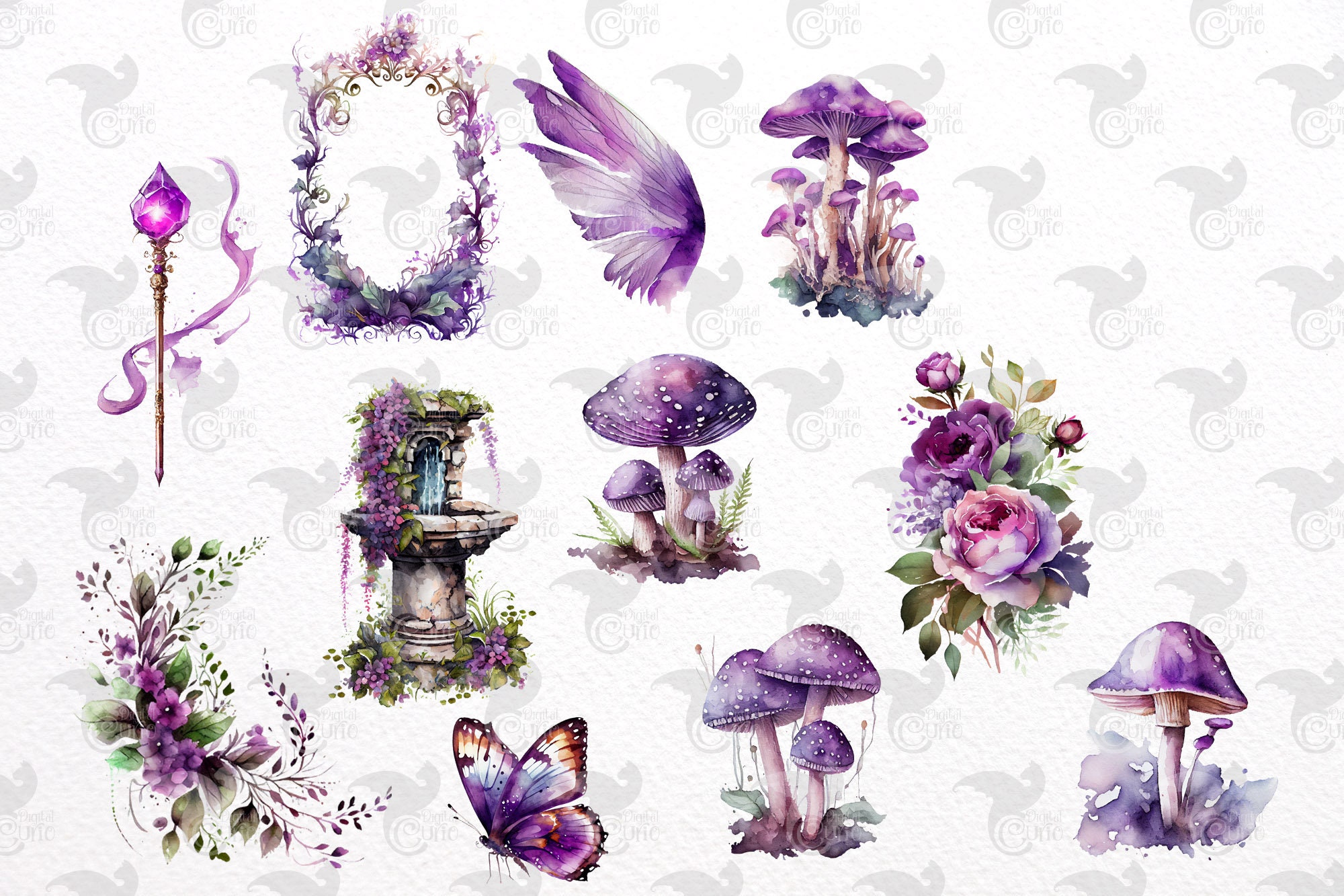 Watercolor Purple Fairy Clipart – Floral Fantasy Graphics (PNG, Digital ...