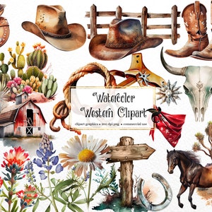 Aquarel Western Clipart - Texas cowboy ranch PNG formaat instant download voor commercieel gebruik