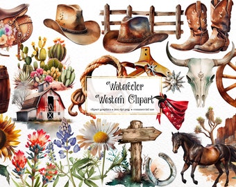 Può includere: Set di clipart ad acquerello con illustrazioni a tema western, tra cui una sella, un cactus, un cappello da cowboy, una ruota di carro, un teschio, una bandana e un cavallo. Il set è perfetto per creare inviti, biglietti e altri lavoretti.
