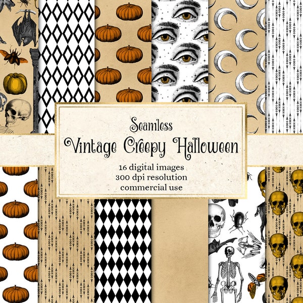 Vintage Creepy Halloween Digital Paper Textures, antique skull and old paper backgrounds, printable halloween scrapbook paper commercial use