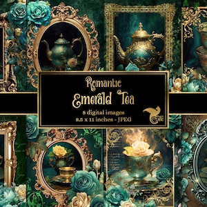 May include: A digital collage of eight images featuring ornate gold frames with emerald green backgrounds. Each frame contains a teacup, teapot, or roses, all with a vintage aesthetic. The text "Romantic Emerald Tea" is displayed in a gold banner.