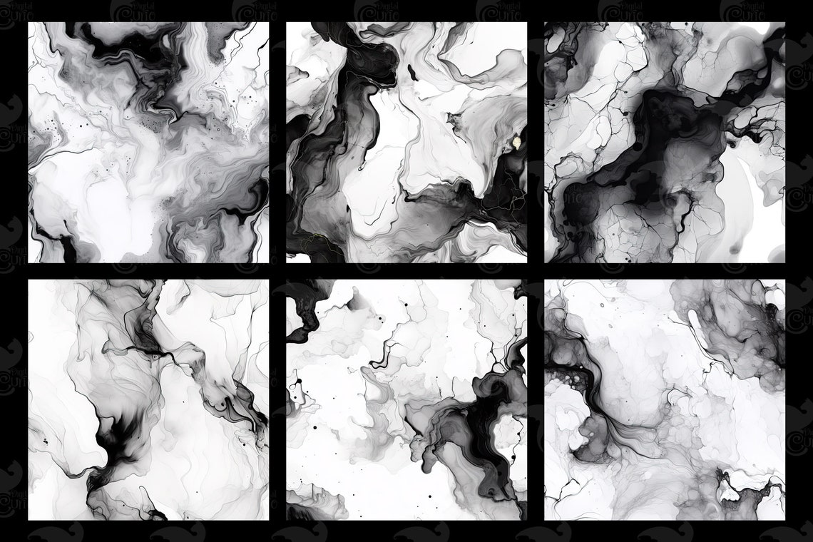 Black and White Alcohol Ink Textures, Liquid Abstract Backgrounds ...