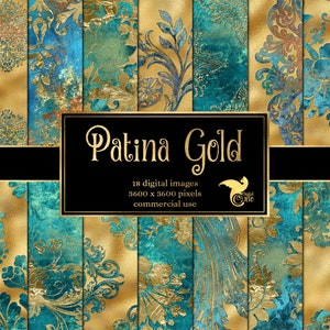 Patina Gold Digital Paper, gold foil patina texture backgrounds antique damask printable scrapbook paper for commercial use