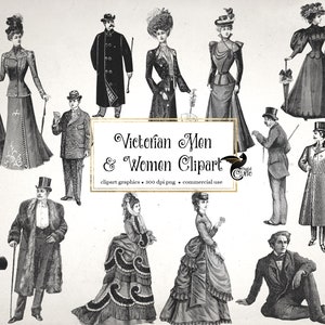 Clipart de homens e mulheres vitorianos - sobreposições de moda antiga vintage em formato png, download instantâneo para uso comercial