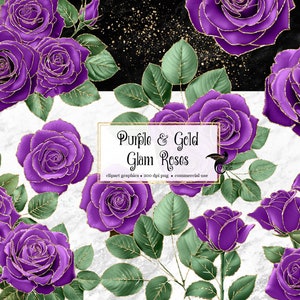 Purple and Gold Glam Rose Clip Art, digital instant download glitter flower png embellishments, pink rose, gold glitter roses