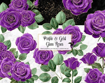 Purple and Gold Glitter Rose Clip Art (Digital Download)