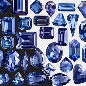 Puede incluir: Una colecci&oacute;n de varias piedras preciosas azules con diferentes cortes y formas. Las piedras incluyen piedras ovaladas, en forma de pera, esmeralda y coraz&oacute;n. Las gemas son en tonos de azul, desde zafiro claro hasta profundo.