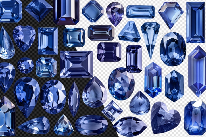 Puede incluir: Una colecci&oacute;n de varias piedras preciosas azules con diferentes cortes y formas. Las piedras incluyen piedras ovaladas, en forma de pera, esmeralda y coraz&oacute;n. Las gemas son en tonos de azul, desde zafiro claro hasta profundo.