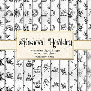 Medieval Heraldry Digital Paper - Crowns, Dragons, Vintage Damask Heraldic Crest Backgrounds, Heraldry Patterns Textures Instant Download