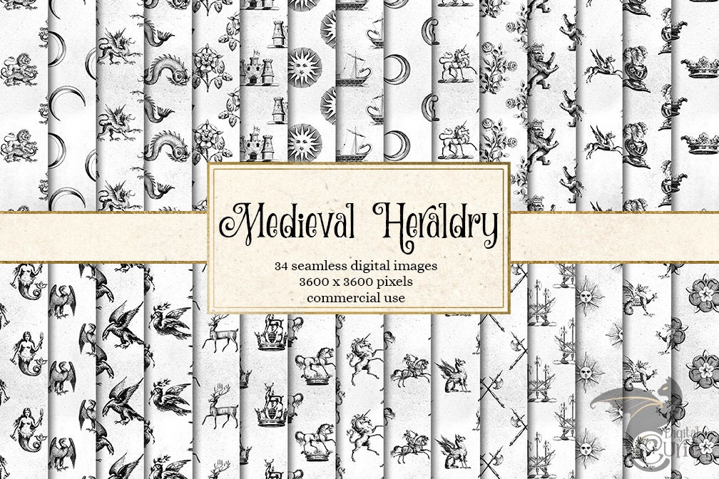 Medieval Heraldry Digital Paper - Crowns, Dragons, Vintage Damask Heraldic Crest Backgrounds, Heraldry Patterns Textures Instant Download
