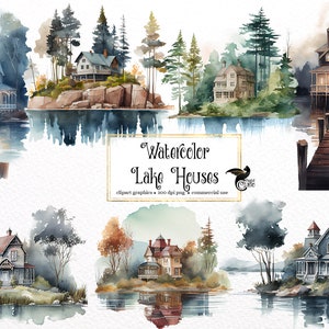 Acquerello Lake House Clipart - download istantaneo in formato PNG del cottage sul lungomare per uso commerciale