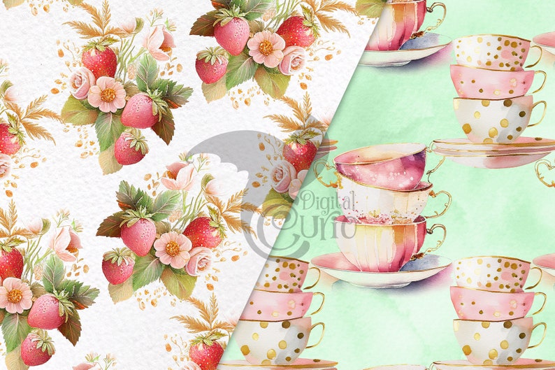 Strawberry Tea Digital Paper Seamless Tea Party Watercolor - Etsy