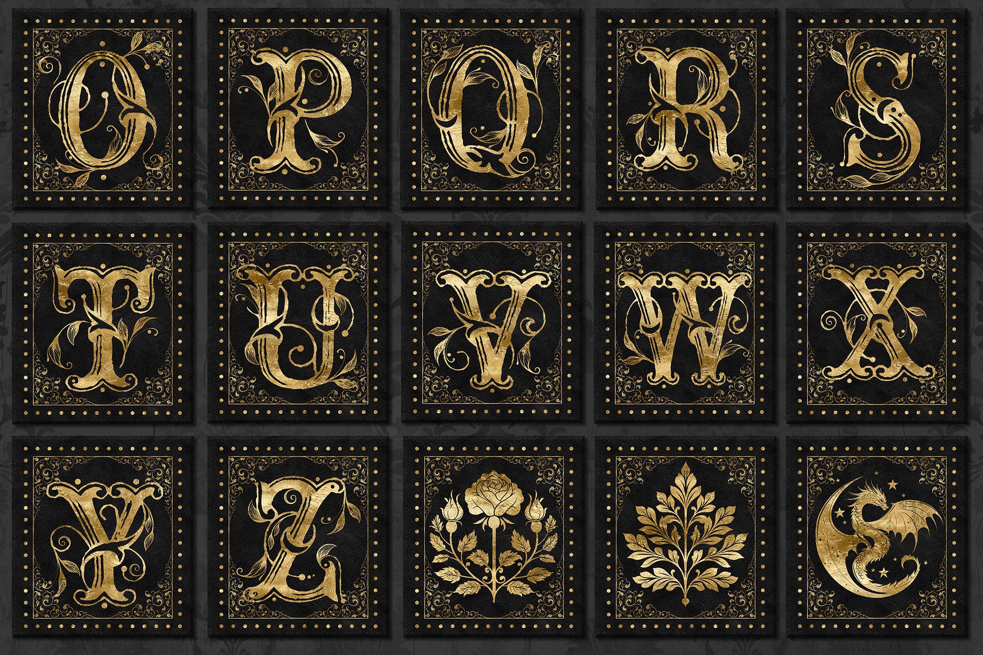 Gilded Gold Gothic Alphabet Clipart, Black Ornament Monogram (digital ...