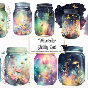 Watercolor Firefly Jars Clipart - fantasy fireflies PNG format instant download for commercial use