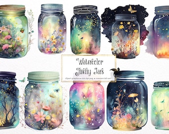 Watercolor Firefly Jars Clipart - fantasy fireflies PNG format instant download for commercial use