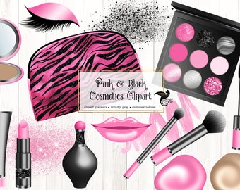 Può includere: Grafica clipart di cosmetici rosa e neri.  Include una trousse da trucco con stampa zebrata, una palette di ombretti, un rossetto, un mascara, un flacone di profumo, pennelli da trucco e glitter.