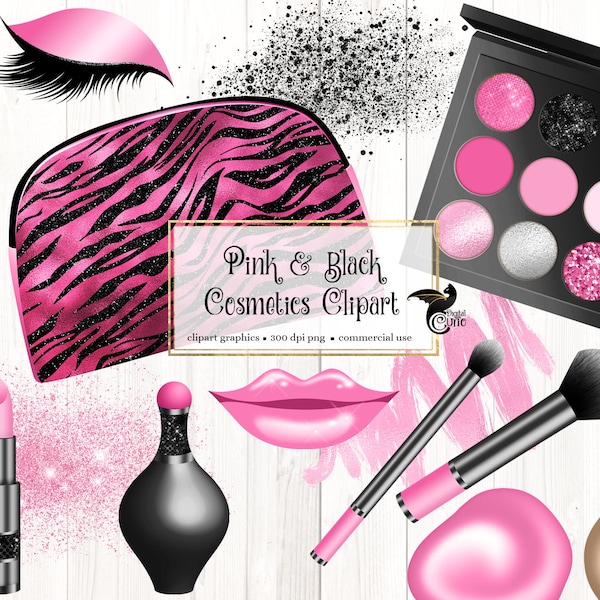 Pink and Black Cosmetics Clip Art - digital makeup and beauty graphics in png format instant download for commercial use