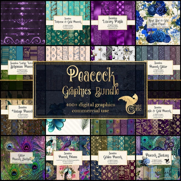 Peacock Graphics Bundle, clipart discount et papier numérique, scrapbooking numérique, éphémères vintage, papier numérique rustique