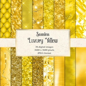 Luxe geel digitaal papier, naadloos geel plakboekpapier met gele glitters en metallic folietexturen direct download commercieel gebruik
