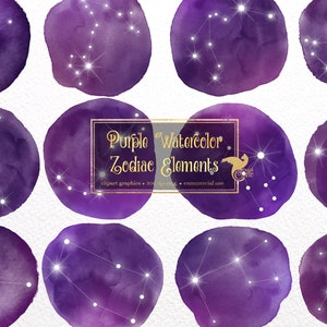 Clipart de elementos do zodíaco em aquarela roxa, círculos em formato PNG digital, download instantâneo para uso comercial