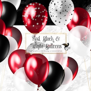 Rode zwarte en witte ballonnen Clipart, glitter en confetti party clipart voor verjaardagen PNG-formaat instant download voor commercieel gebruik