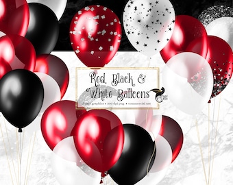 cute homework clipart black and white Red Black and White Balloons Clipart, glitter and confetti party clipart for birthdays PNG format instant download for commercial use