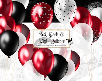 Red Black and White Balloons Clipart, glitter and confetti party clipart for birthdays PNG format instant download for commercial use